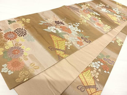 平和屋着物◎六通柄袋帯　唐織　草花文　金銀糸　正絹　逸品　AABA2072yx