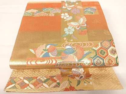 平和屋着物◎佐賀錦　六通柄袋帯　唐織　鴛鴦花蝶文　金糸　正絹　逸品　AABA2073yx