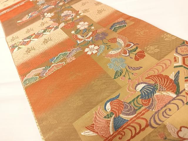平和屋着物◎佐賀錦　六通柄袋帯　唐織　鴛鴦花蝶文　金糸　正絹　逸品　AABA2073yx