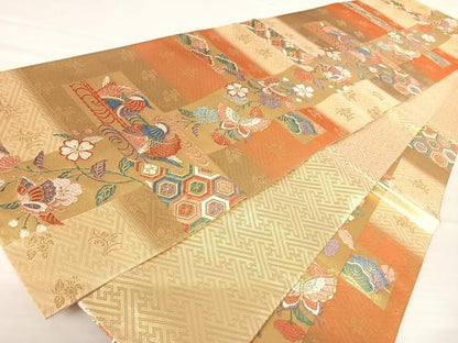 平和屋着物◎佐賀錦　六通柄袋帯　唐織　鴛鴦花蝶文　金糸　正絹　逸品　AABA2073yx