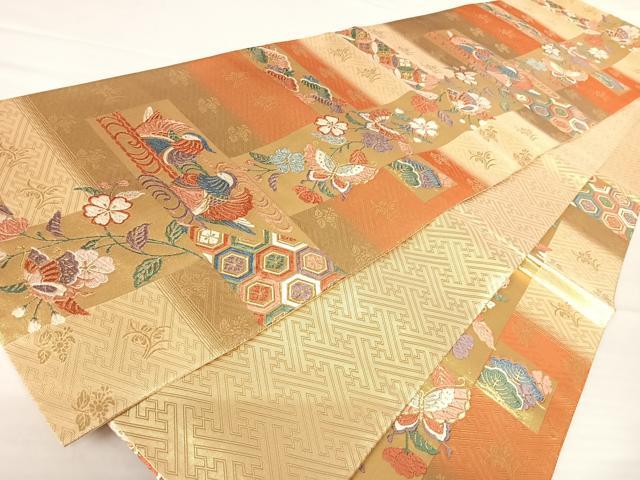 平和屋着物◎佐賀錦　六通柄袋帯　唐織　鴛鴦花蝶文　金糸　正絹　逸品　AABA2073yx