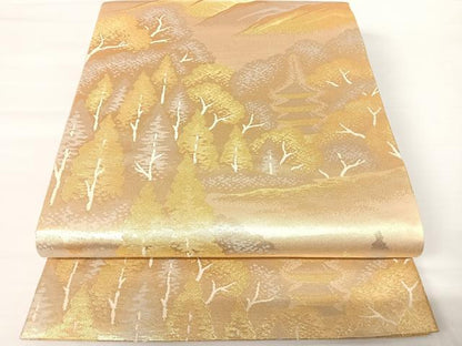 平和屋着物◎六通柄袋帯　風景樹林文　金糸　正絹　逸品　AABA2075yx
