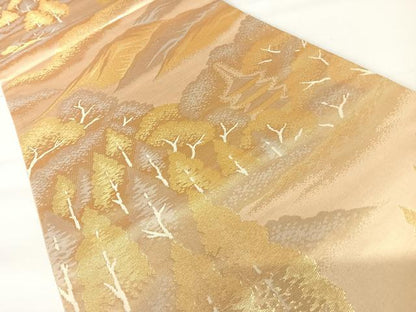 平和屋着物◎六通柄袋帯　風景樹林文　金糸　正絹　逸品　AABA2075yx