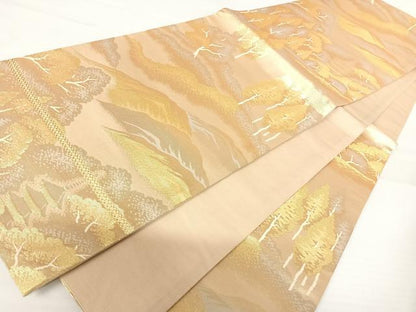 平和屋着物◎六通柄袋帯　風景樹林文　金糸　正絹　逸品　AABA2075yx