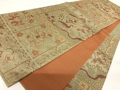 平和屋着物◎六通柄袋帯　更紗花鳥文　金糸　正絹　逸品　AABA2086yx