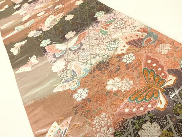 平和屋着物◎六通柄袋帯　唐織　花蝶文　金銀糸　正絹　逸品　AABA2087yx
