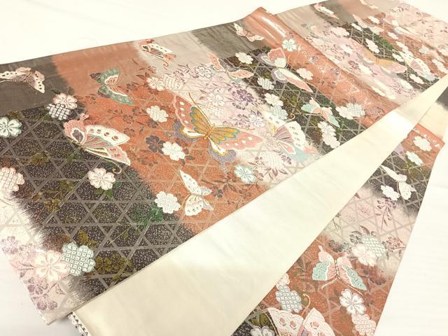 平和屋着物◎六通柄袋帯　唐織　花蝶文　金銀糸　正絹　逸品　AABA2087yx