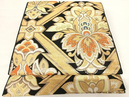 平和屋着物◎六通柄京袋帯　更紗花文　黒地　金糸　正絹　逸品　AABA2116yx