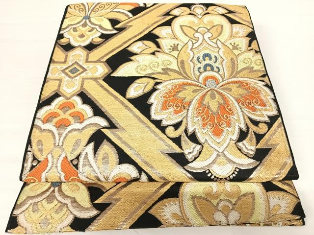 平和屋着物◎六通柄京袋帯　更紗花文　黒地　金糸　正絹　逸品　AABA2116yx
