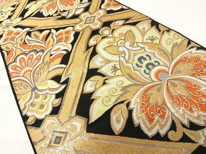 平和屋着物◎六通柄京袋帯　更紗花文　黒地　金糸　正絹　逸品　AABA2116yx