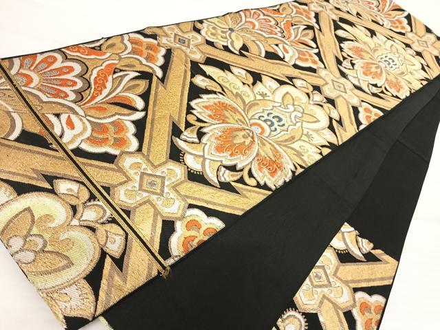 平和屋着物◎六通柄京袋帯　更紗花文　黒地　金糸　正絹　逸品　AABA2116yx