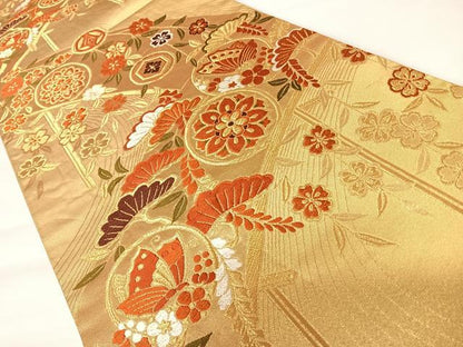 平和屋着物◎六通柄袋帯　唐織　花蝶文　金糸　正絹　逸品　AABA2124yx