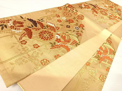 平和屋着物◎六通柄袋帯　唐織　花蝶文　金糸　正絹　逸品　AABA2124yx