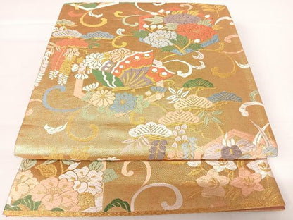平和屋着物◎六通柄袋帯　唐織　花蝶文　金糸　正絹　逸品　AABA2125yx
