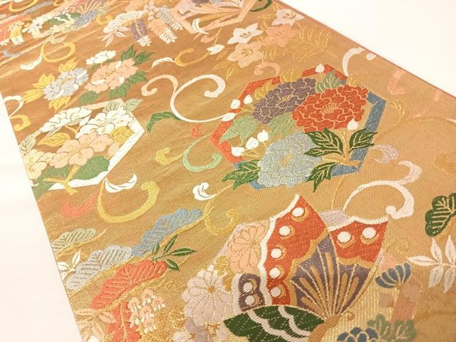 平和屋着物◎六通柄袋帯　唐織　花蝶文　金糸　正絹　逸品　AABA2125yx