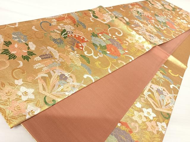 平和屋着物◎六通柄袋帯　唐織　花蝶文　金糸　正絹　逸品　AABA2125yx