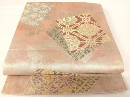平和屋着物◎六通柄袋帯　色紙重ね花文　金糸　正絹　逸品　AABA2142yx