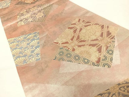 平和屋着物◎六通柄袋帯　色紙重ね花文　金糸　正絹　逸品　AABA2142yx