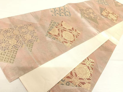 平和屋着物◎六通柄袋帯　色紙重ね花文　金糸　正絹　逸品　AABA2142yx