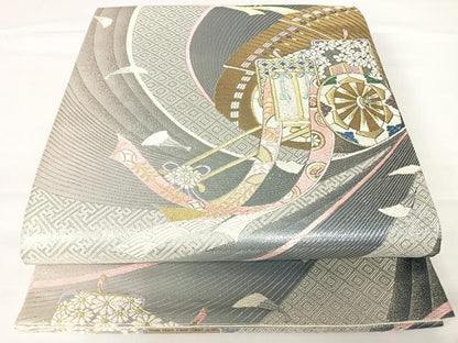 平和屋着物◎六通柄袋帯　唐織　御所車花文　金銀糸　正絹　逸品　AABA2163yx