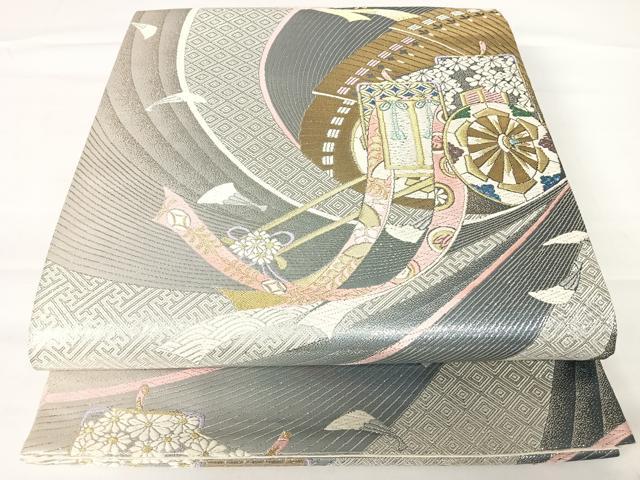 平和屋着物◎六通柄袋帯　唐織　御所車花文　金銀糸　正絹　逸品　AABA2163yx