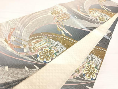 平和屋着物◎六通柄袋帯　唐織　御所車花文　金銀糸　正絹　逸品　AABA2163yx