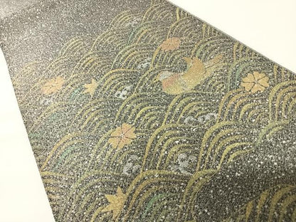 平和屋着物◎太鼓柄袋帯　鴛鴦花文　金銀糸　正絹　逸品　AABA2175yx