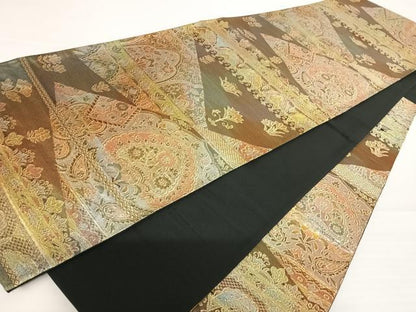 平和屋着物◎六通柄袋帯　更紗花文　金糸　正絹　逸品　AABA2179yx