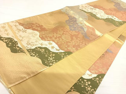 平和屋着物◎六通柄袋帯　道長更紗花鳥文　金糸　正絹　逸品　AABA2180yx