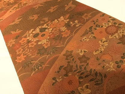 平和屋着物◎山喜織物謹製　萬葉　紹巴　全通柄袋帯　花鳥文　正絹　逸品　AABA2197yx