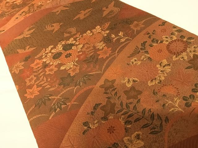 平和屋着物◎山喜織物謹製　萬葉　紹巴　全通柄袋帯　花鳥文　正絹　逸品　AABA2197yx