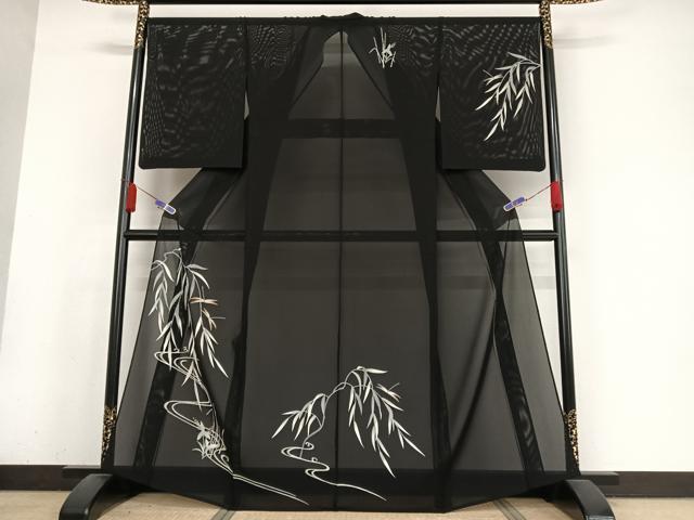 平和屋着物＊夏物 訪問着 絽 駒刺繍 流水 蜻蛉 とんぼ 黒地 金糸 正絹 逸品 AABA2485np