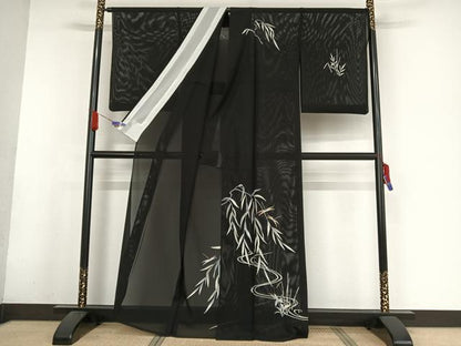 平和屋着物＊夏物 訪問着 絽 駒刺繍 流水 蜻蛉 とんぼ 黒地 金糸 正絹 逸品 AABA2485np