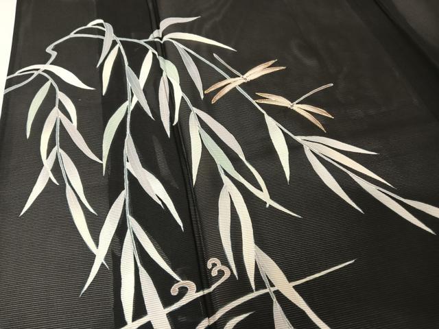 平和屋着物＊夏物 訪問着 絽 駒刺繍 流水 蜻蛉 とんぼ 黒地 金糸 正絹 逸品 AABA2485np