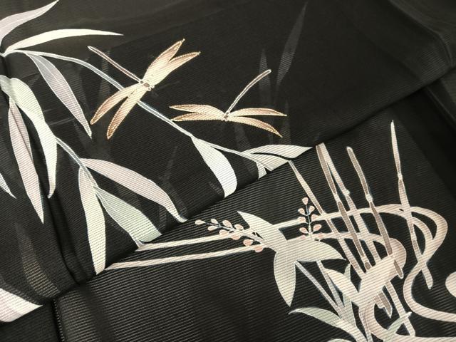 平和屋着物＊夏物 訪問着 絽 駒刺繍 流水 蜻蛉 とんぼ 黒地 金糸 正絹 逸品 AABA2485np
