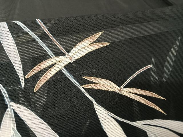 平和屋着物＊夏物 訪問着 絽 駒刺繍 流水 蜻蛉 とんぼ 黒地 金糸 正絹 逸品 AABA2485np