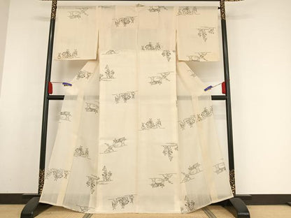 平和屋着物＊夏物 小紋 紗紬 鳥獣戯画 正絹 逸品 AABA2496np