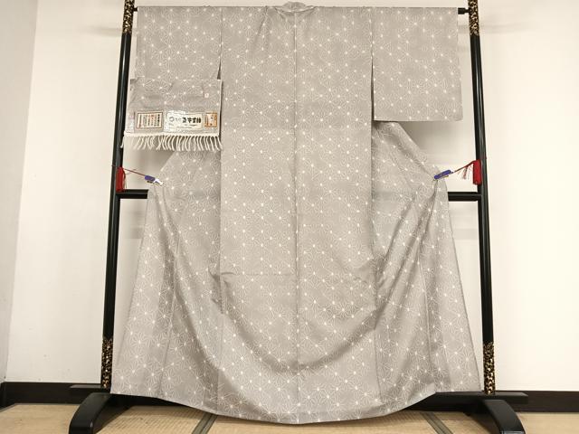 平和屋着物＊夏物 石川県指定無形文化財 夏牛首紬 白山工房 手織 麻の葉文様 証紙付き 正絹 逸品 AABA2506np