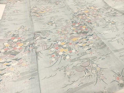 平和屋着物＊夏物 小千谷ちぢみ 風景草花文 麻 逸品 未使用 AABA2508np