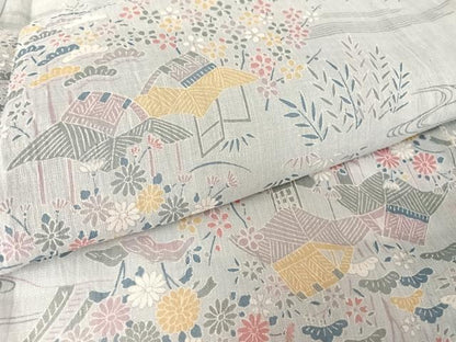 平和屋着物＊夏物 小千谷ちぢみ 風景草花文 麻 逸品 未使用 AABA2508np