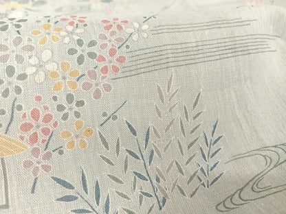 平和屋着物＊夏物 小千谷ちぢみ 風景草花文 麻 逸品 未使用 AABA2508np