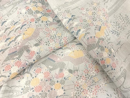 平和屋着物＊夏物 小千谷ちぢみ 風景草花文 麻 逸品 未使用 AABA2508np