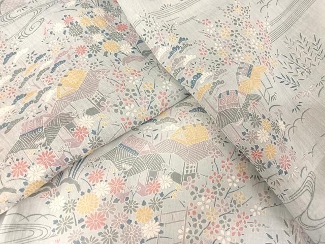 平和屋着物＊夏物 小千谷ちぢみ 風景草花文 麻 逸品 未使用 AABA2508np