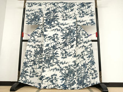 平和屋着物＊夏物 小紋 藍 流水草花文 麻 逸品 AABA2509np