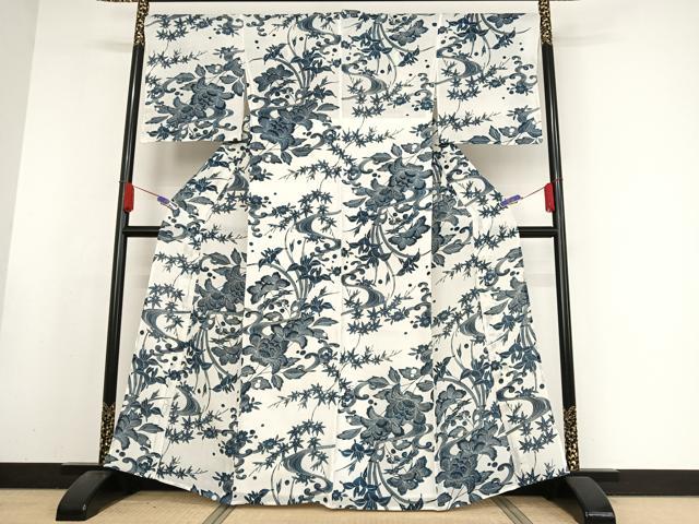 平和屋着物＊夏物 小紋 藍 流水草花文 麻 逸品 AABA2509np