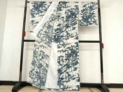 平和屋着物＊夏物 小紋 藍 流水草花文 麻 逸品 AABA2509np