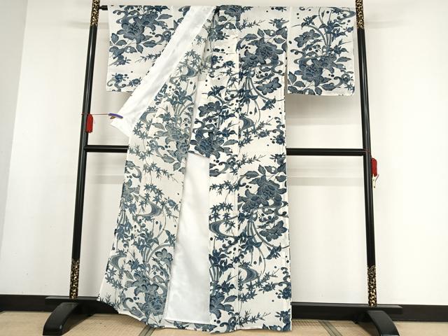 平和屋着物＊夏物 小紋 藍 流水草花文 麻 逸品 AABA2509np