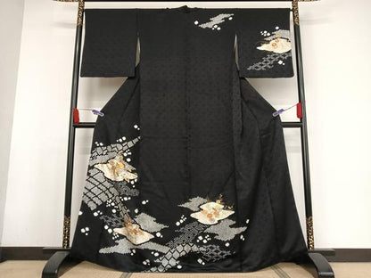 平和屋着物●創業460年・千總 訪問着 駒刺繍 絞り 霞草花文 黒地 金糸 金彩 正絹 逸品 AABA2518np