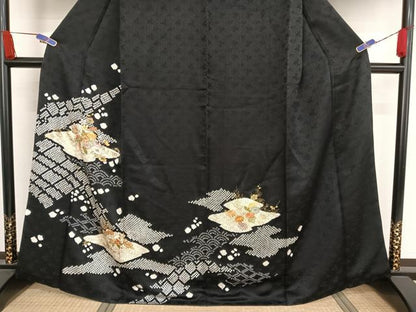 平和屋着物●創業460年・千總 訪問着 駒刺繍 絞り 霞草花文 黒地 金糸 金彩 正絹 逸品 AABA2518np