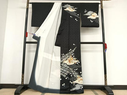 平和屋着物●創業460年・千總 訪問着 駒刺繍 絞り 霞草花文 黒地 金糸 金彩 正絹 逸品 AABA2518np